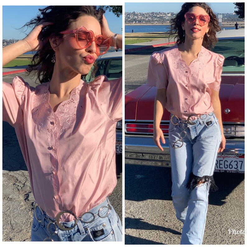 Pink 80s 90s dainty flirty blouse top S
