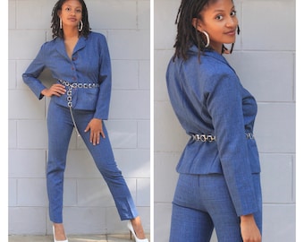 Vintage anni '80 anni '90 blu pantaloni chambray abito blazer pantaloni a vita alta pantaloni XS S M blu