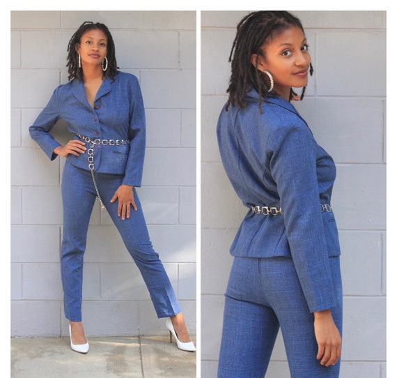 Vintage 80s 90s blue chambray pants suit blazer h… - image 1