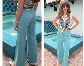 70s Sky Blue High Waist Slacks Pants by Sears -hugs curves S M