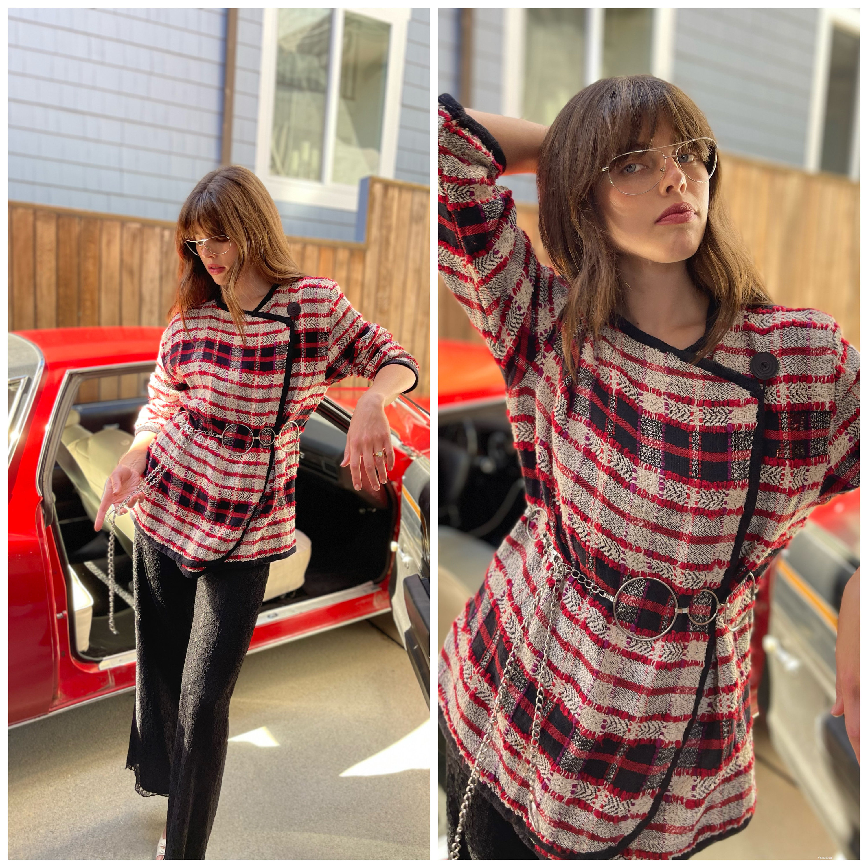 80s Chunky Knit Cardigan Jacket Plaid Versatile Sweater