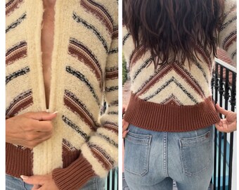70s Chevron Striped Zip Up Knit Sweater Jacket so cute MOHAIR S M