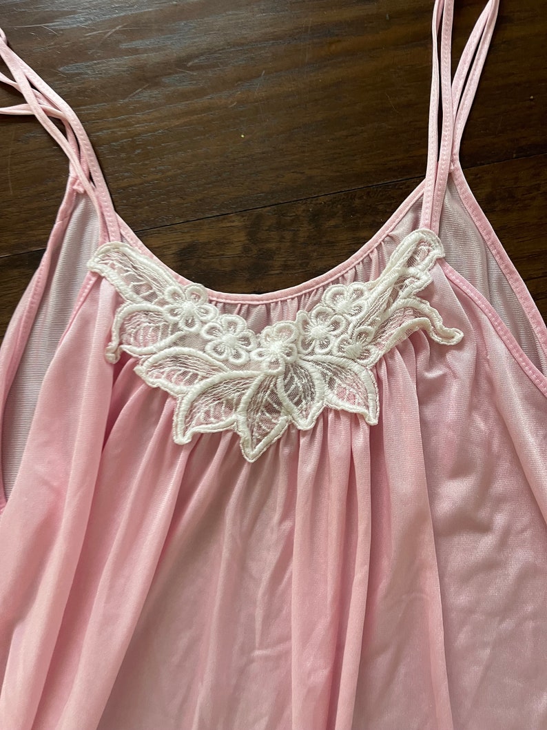 70s super soft Ballet Pink maxi Slip Dress white crochet neckline S M image 7