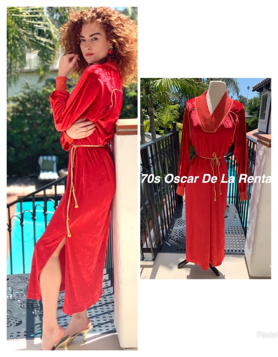 70s Oscar De La Renta red velour maxi dress loung… - image 1