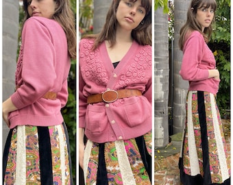 80s charming Rose Blush Pink Embellished Cardigan Sweater with pockets S M dainty