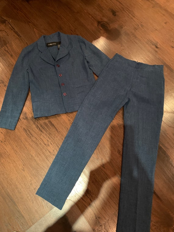 Vintage 80s 90s blue chambray pants suit blazer h… - image 4