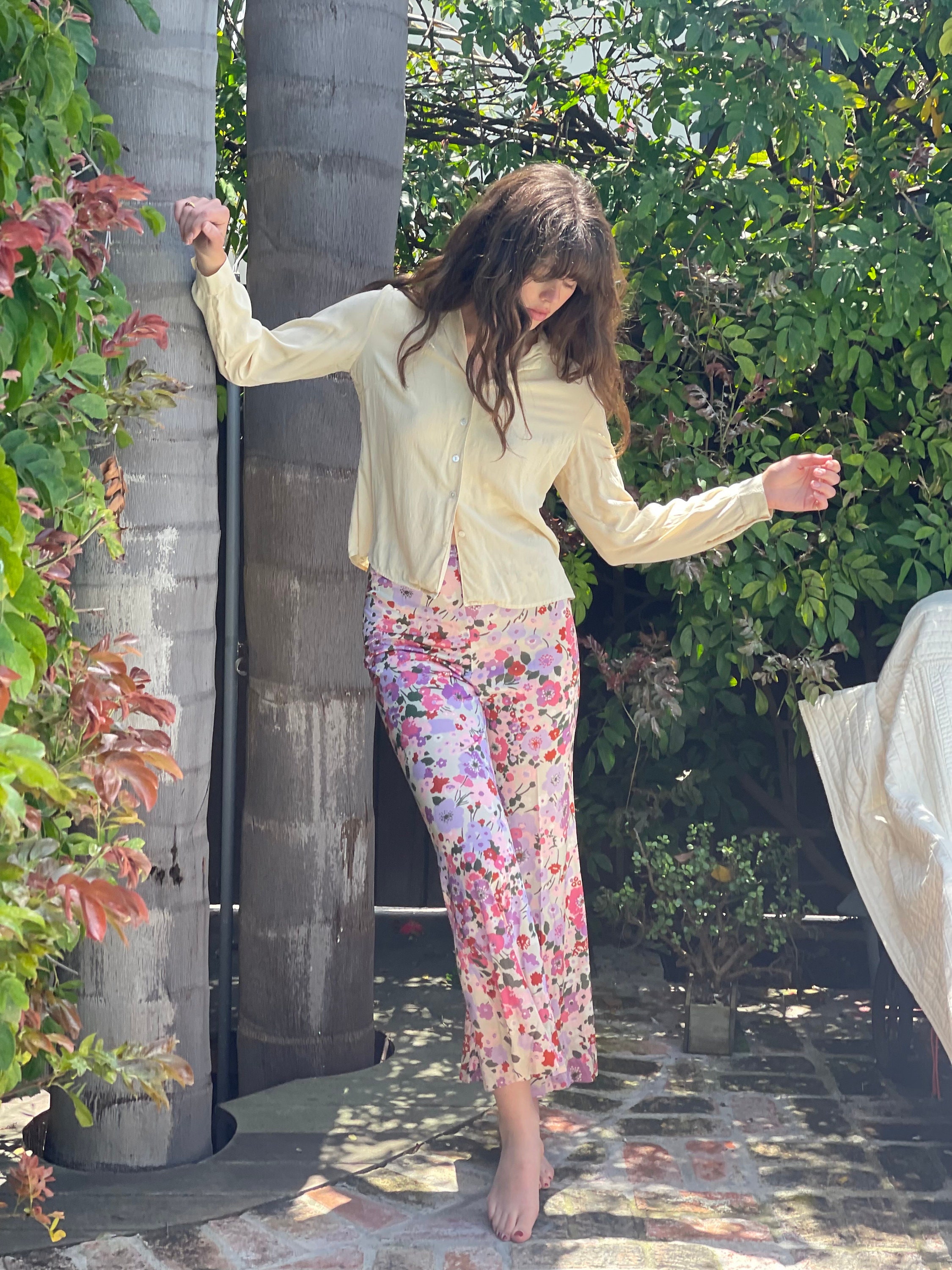 70s Bell Bottoms Flares Pants High Waist Floral Print Slinky