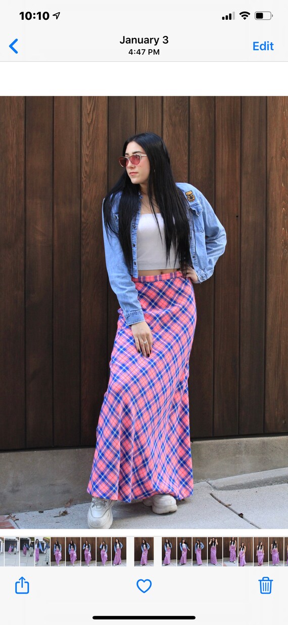 Vintage 70s Sweater Maxi Skirt Plaid High Waist Peasant Hippie