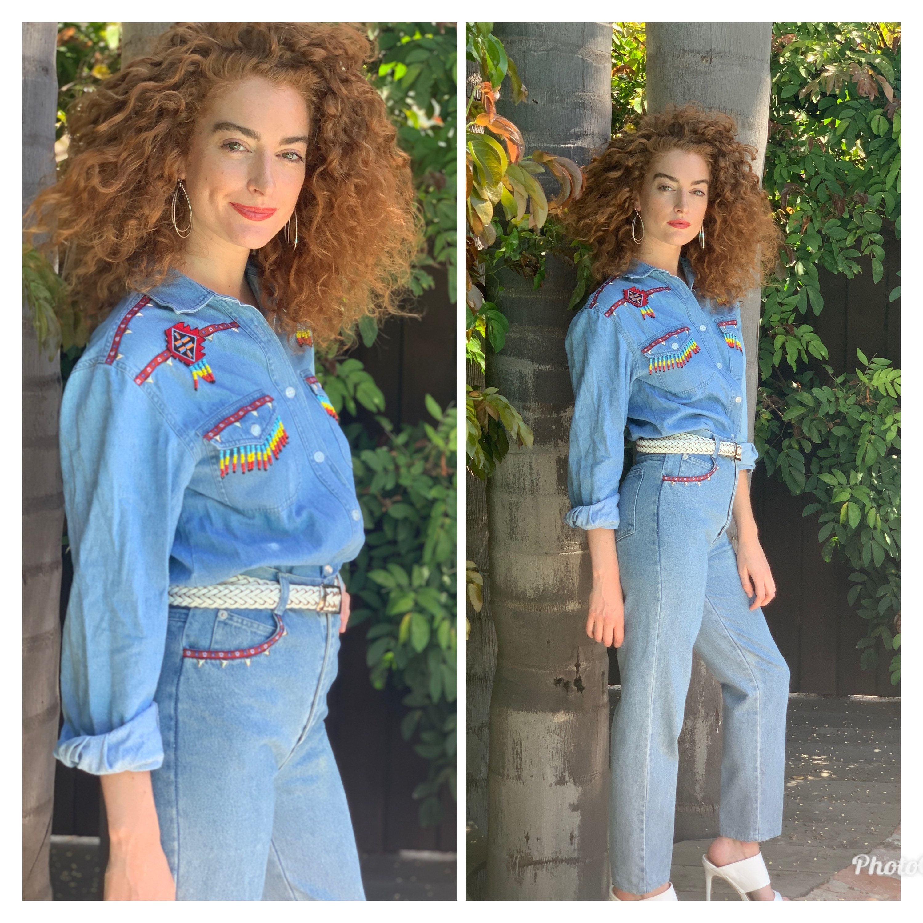 80s 2 Piece Set Mom Jeans & Denim Top Western Beaded S 