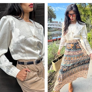 Creamy White Lace Puff Sleeve Dainty Shiny Blouse 80s Top S M