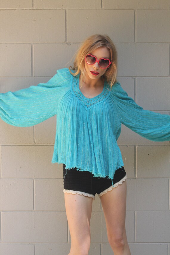 Vintage 70s Hippie Gauzy Festival Top Boho Peasan… - image 4