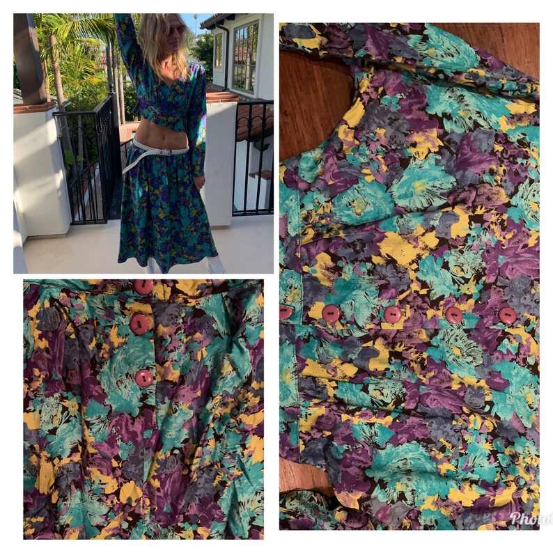 80s Floral 2 Piece Set skirt & Top puff sleeve S M image 3