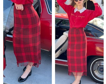 80s Plaid Librarian Office core Preppy Midi Skirt high waist S M