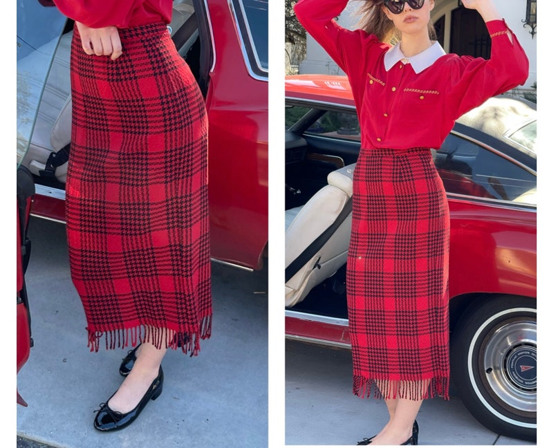 80s Plaid Librarian Office core Preppy Midi Skirt high waist S M image 1