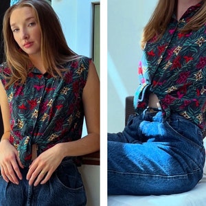 Floral 70s 80s Silk Sweet Blouse Top Tunic S M Chic