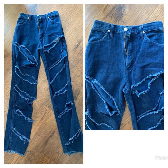 70s 80s high waist wrangler jeans dark wash distr… - image 3