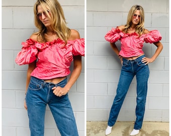 80s upcycled Pink Blouse top Reworked S