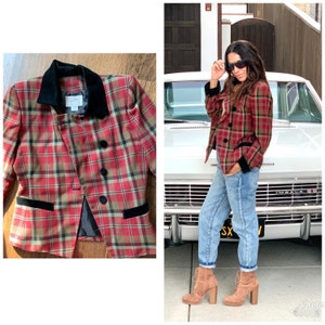 80s Plaid Tartan & Velvet checkered blazer Jacket S M