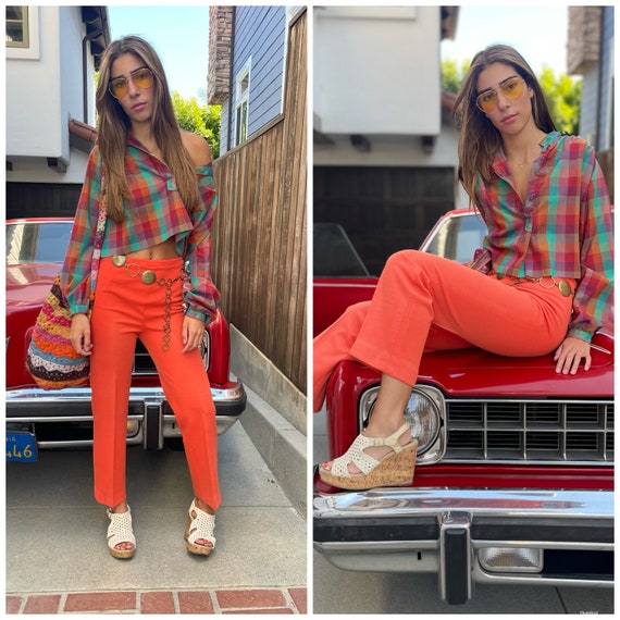 70s Orange Bell Bottoms Hip Huggers Pants so Hot Xs S - Gem