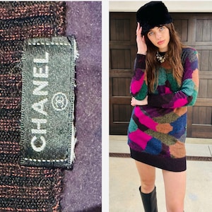 CHANEL color Block Sweater Dress Knit Tunic Designer Gold Runway look M