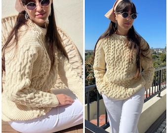 70s Fisherman’s Sweater Cream Gender Neutral Unisex Oversized crew sweater S M L