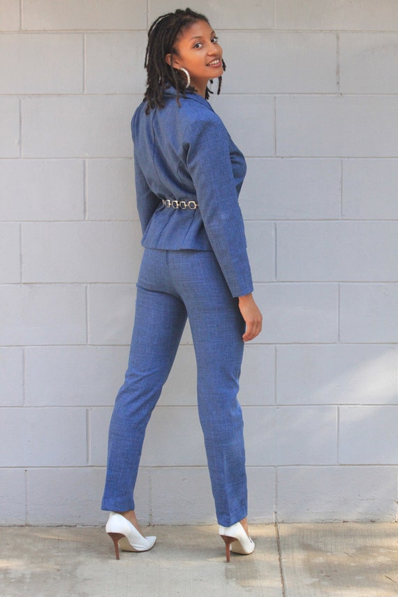 Vintage 80s 90s blue chambray pants suit blazer h… - image 2