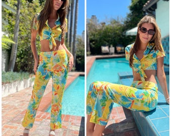 60s 70s Matching Set Tropical Crop top & pants summer set
