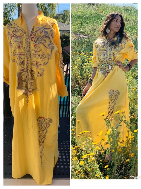 70s kaftan kimono maxi dress yellow goddess xs s m - image 2