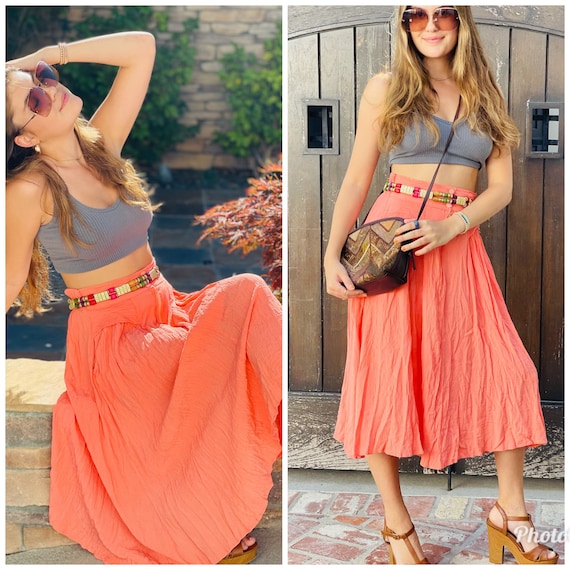 70s 80s Gauzy Coral Hippie Boho Skirt S M pockets - image 1