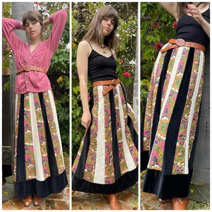 70s Daisy Jones Exquisite Maxi Skirt Boho Patchwork Paisley Lace Velvet S M image 9