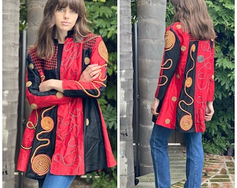 80s Fabulous Brocade SILK Embellished Duster Jacket Red M