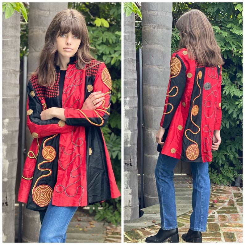 80s Fabulous Brocade SILK Embellished Duster Jacket Red M image 1