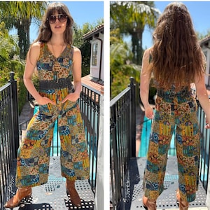 60s 70s Insane Palazzo Pants  Bell Bottom Cottage Core Jumpsuit S M pockets