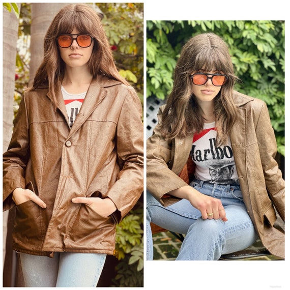 70s Brown Leather Unisex Jacket Coat Boho Rocker … - image 1