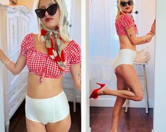 Blusa corta con mangas abullonadas y diseño de cuadros rojos y blancos de estilo cottage core, talla S y M