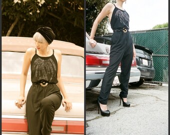 Vintage 80s Art Deco Disco Jumpsuit pants open back high waist gem xs s m