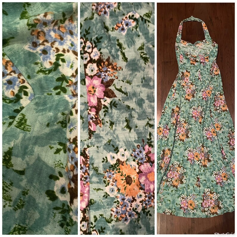 70s floral Halter Dress Maxi Open Back boho goddess Dress S M image 5