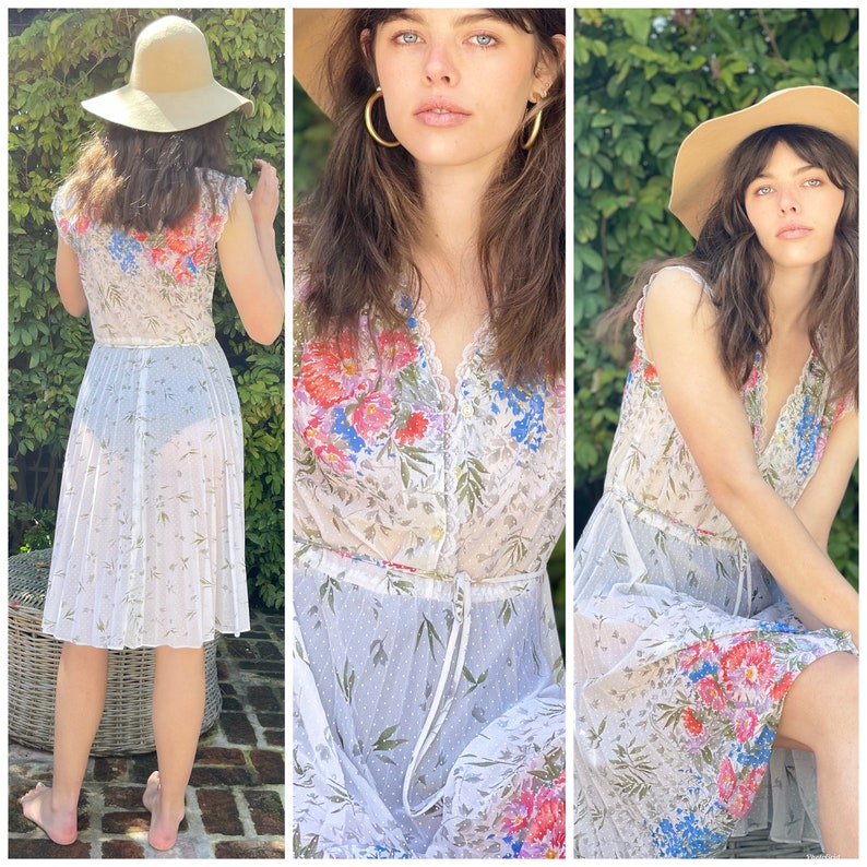 70s 80s Sweet Floral Sheer Dress Daisy Jones Camila Style Boho Goddess S M image 2