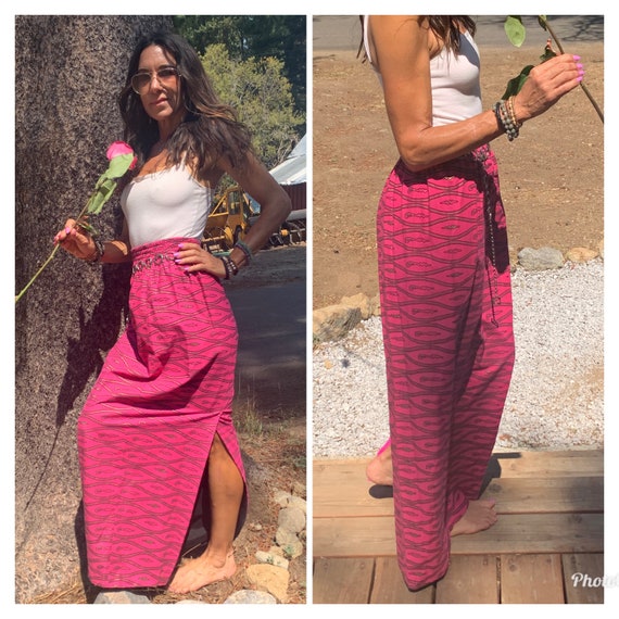 70s pink graphic print maxi skirt boho hippie xs s - image 2