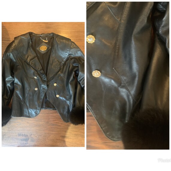 80s Soft black leather jacket fur cuffs S M - image 5