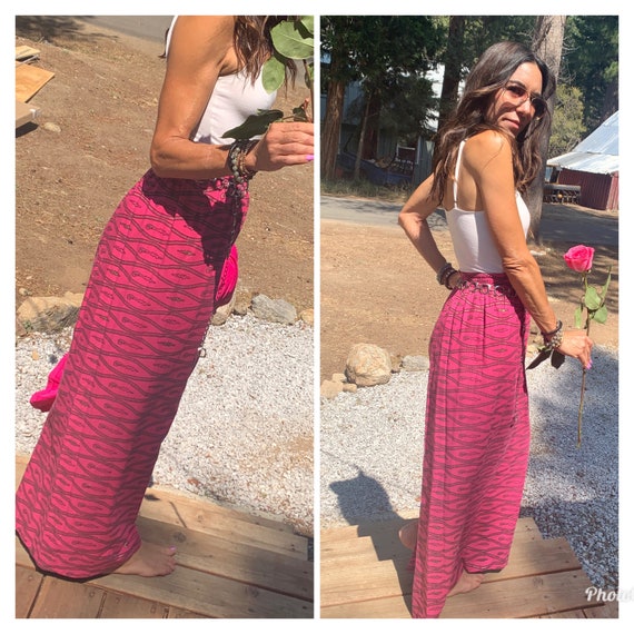 70s pink graphic print maxi skirt boho hippie xs s - image 3