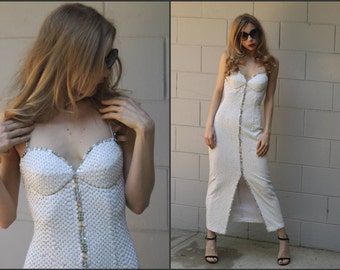 Vintage 80s Beaded Maxi Gown Backless Bandage Dress XS S M