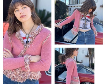 70er 80er Cottage Core Pink Strickjacke Sweater mit Taschen Shag S M
