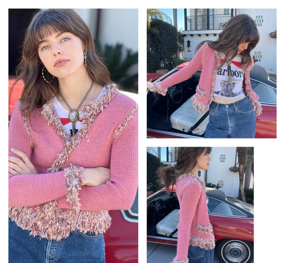 70s 80s Cottage Core Pink Knit cardigan Sweater w… - image 1