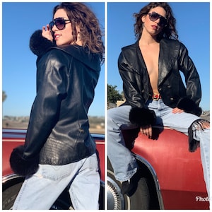 Années 80 Soft black veste en fourrure poignets S M