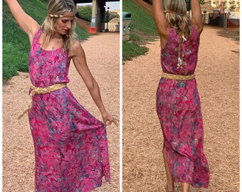 80er Jahre Boho Hippie geometrische Maxi Kleid Flowy S M