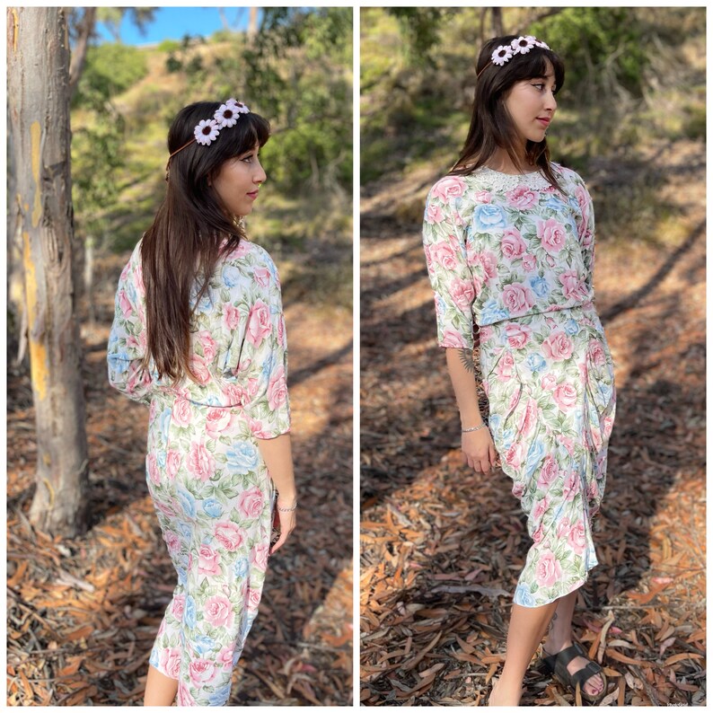 80s Cottage Core Floral Midi Dress Ruching Rayon S M image 1