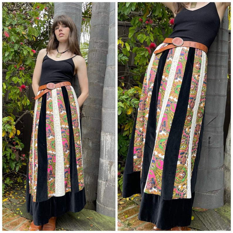 70s Daisy Jones Exquisite Maxi Skirt Boho Patchwork Paisley Lace Velvet S M image 3