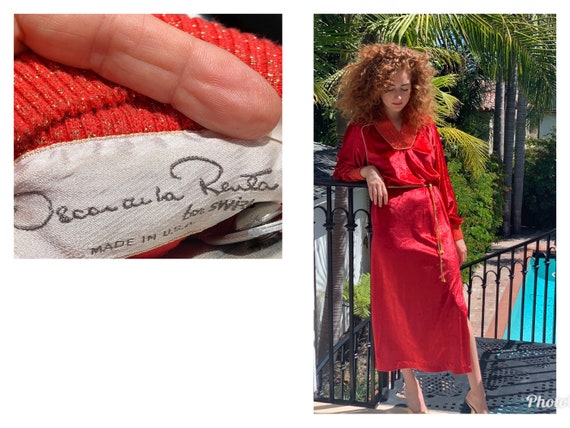 70s Oscar De La Renta red velour maxi dress loung… - image 3