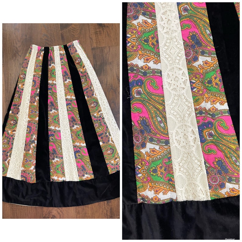 70s Daisy Jones Exquisite Maxi Skirt Boho Patchwork Paisley Lace Velvet S M image 7